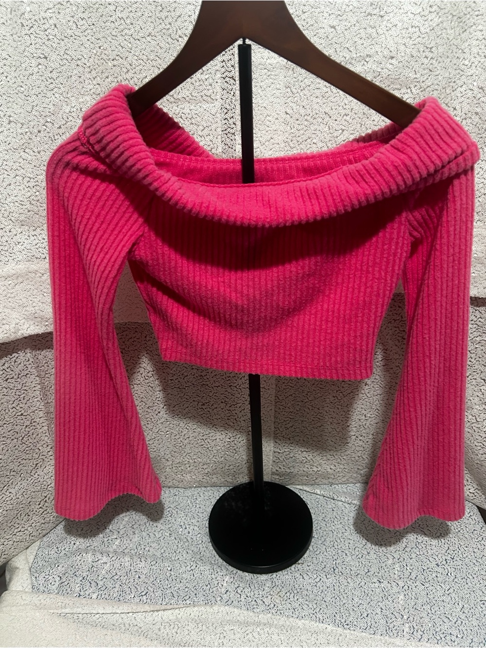 SHEIN Ribbed Off-Shoulder Cropped Top - Fuchsia Pink